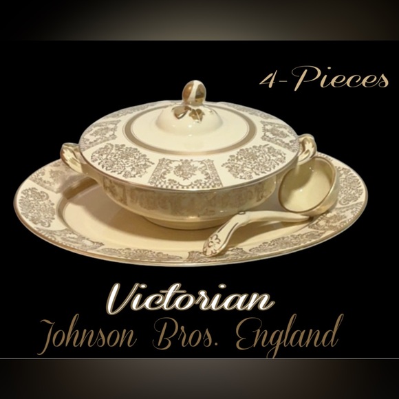 Vintage Johnson Brothers England Victorian Tureen Lid Ladle Platter Gild Pattern - Picture 1 of 16